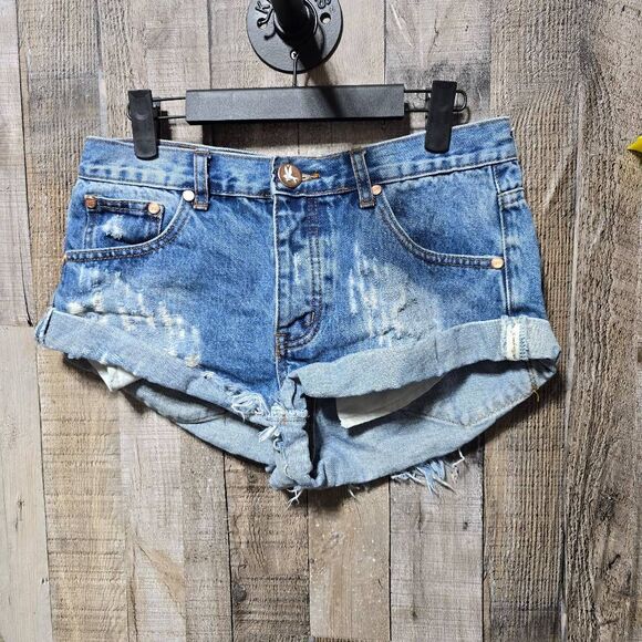 One by One Teaspoon Distressed Button Fly Denim Shorts - Picture 1 of 6